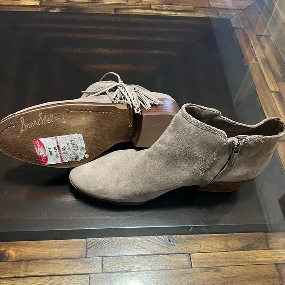 Sam Edelman Paige Fringe Gray Leather Suede Ankle Booties Size 8.5 - Picture 9 of 11